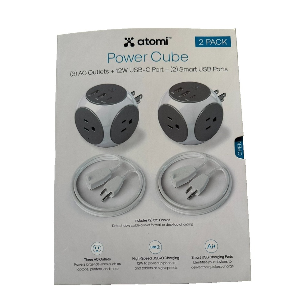 2 Atomi Power Cubes (3) AC Outlets + 12W USB-C Port + (2) Smart USB Ports Each